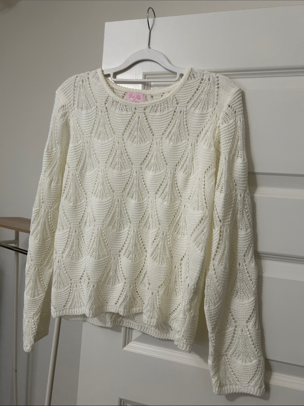 Womens Cream Open-Knit Pullover Sweater